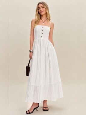 Resort Chic White Spaghetti Strap Crinkle Gauze Maxi Dress Crochet Trim XL